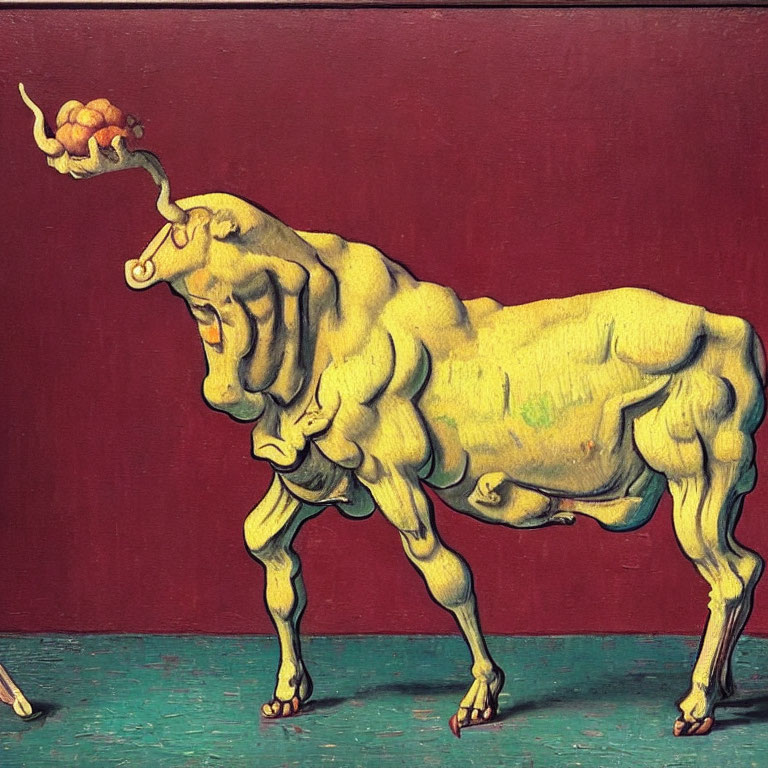 Surreal painting: muscular bull with cherry branch on red backdrop
