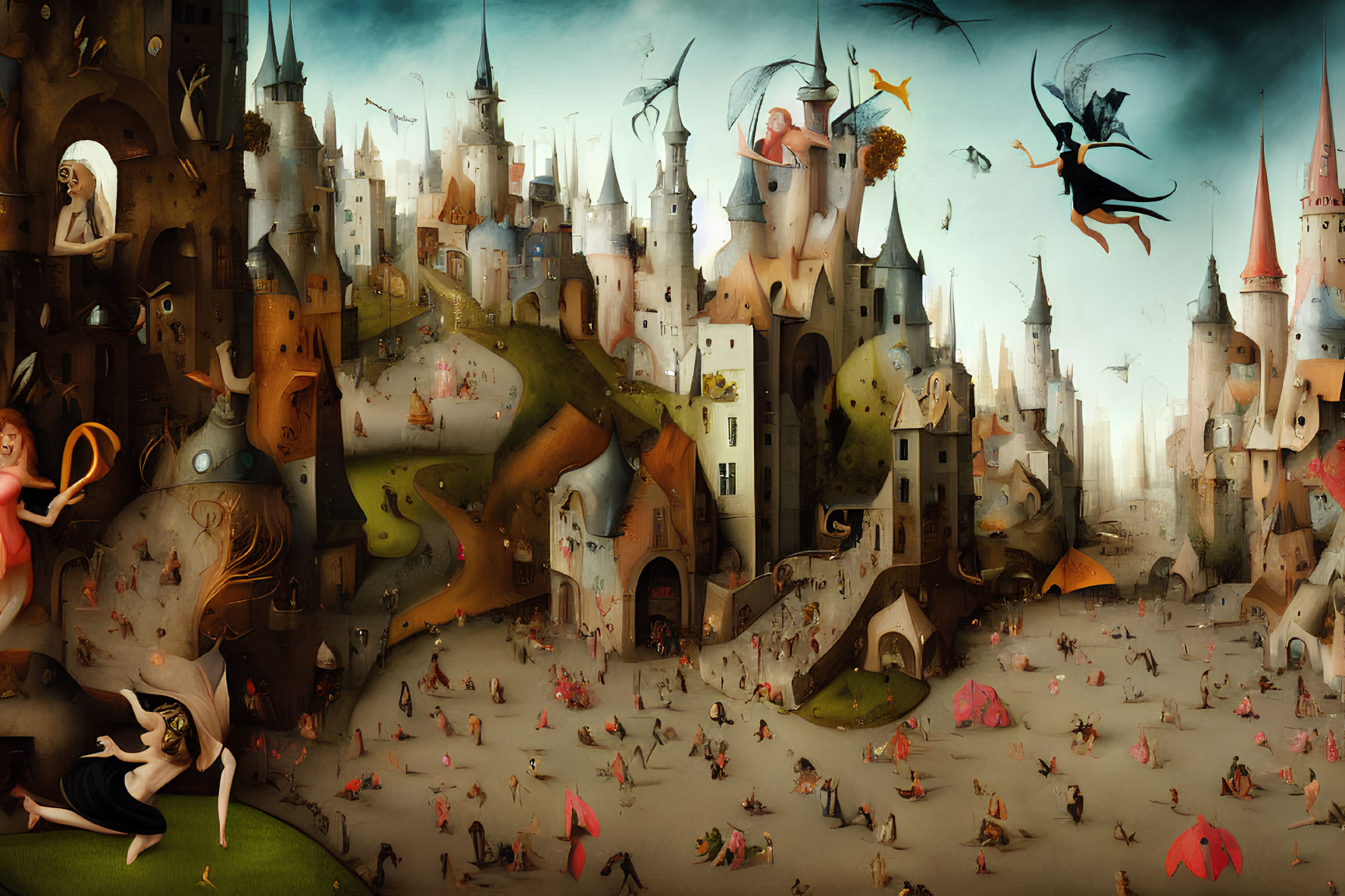 Whimsical surreal landscape with castles, figures, creatures, and woman's face