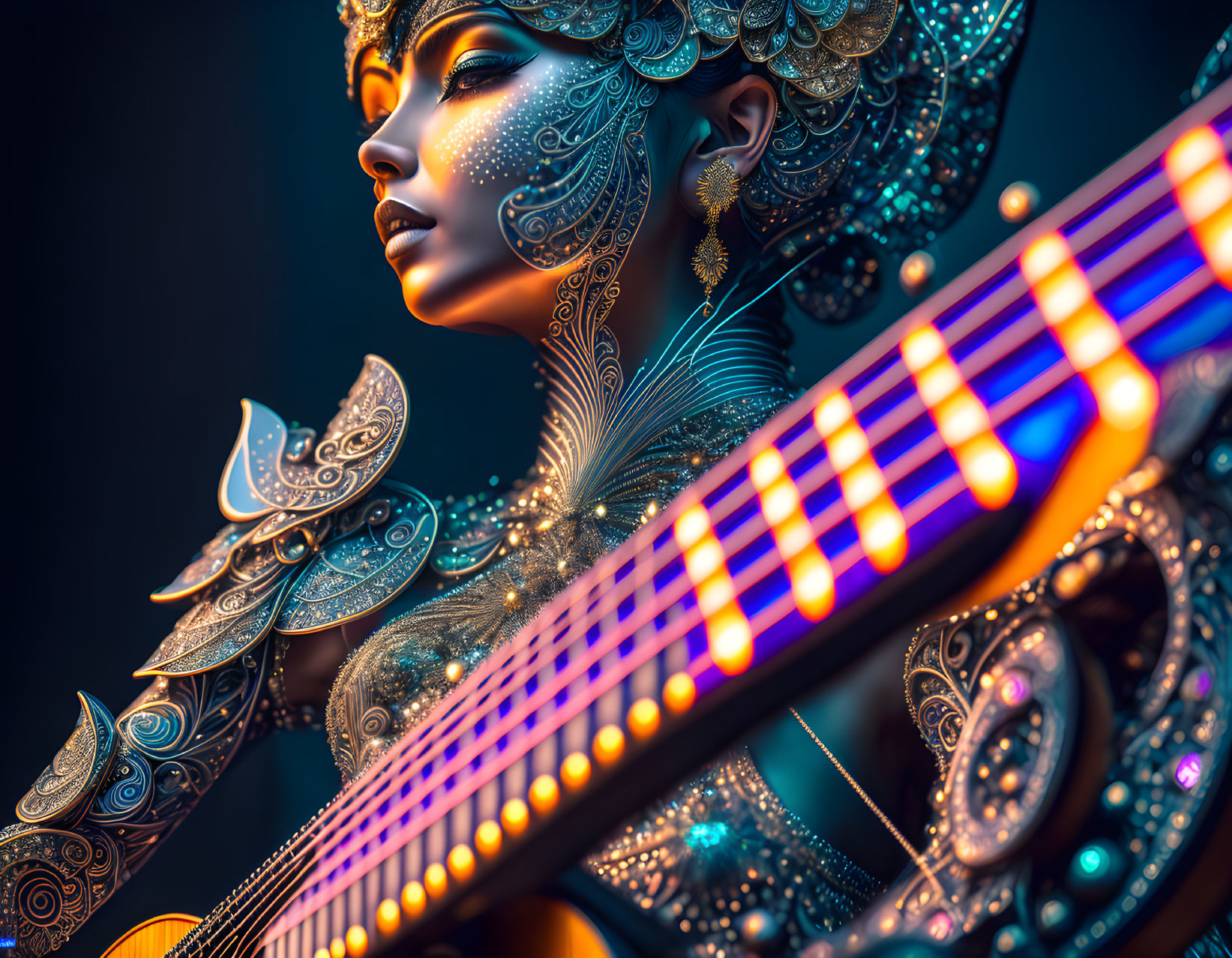 Detailed digital artwork of woman with ornate skin patterns, jewelry, guitar, and vibrant lighting