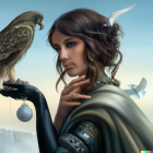 Steampunk-inspired woman with mechanical headset holds falcon against cloudy sky.