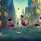 Surreal anthropomorphic animals and insects in golden cityscape