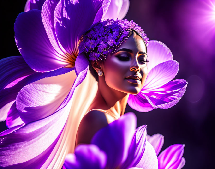 Woman merged with purple flowers in serene illustration