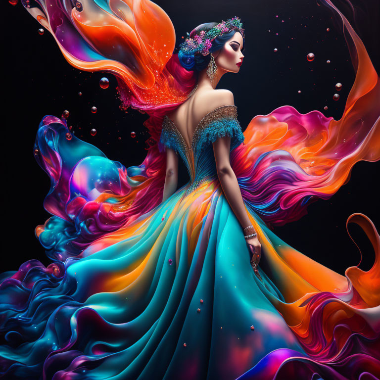 Colorful digital artwork: Woman with flowing multicolored hair and dress on dark background