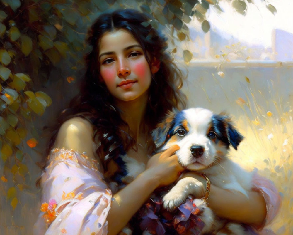 Woman with Long Hair Holding Puppy in Soft-Focus Backdrop