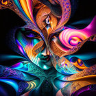 Colorful digital artwork: Woman with flowing multicolored hair and dress on dark background