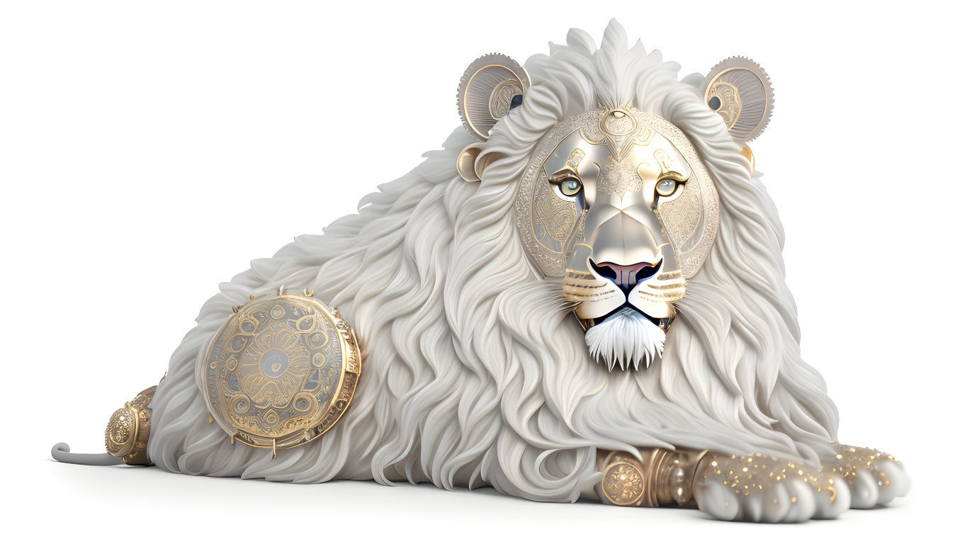 Stylized white lion with gold patterns on white background