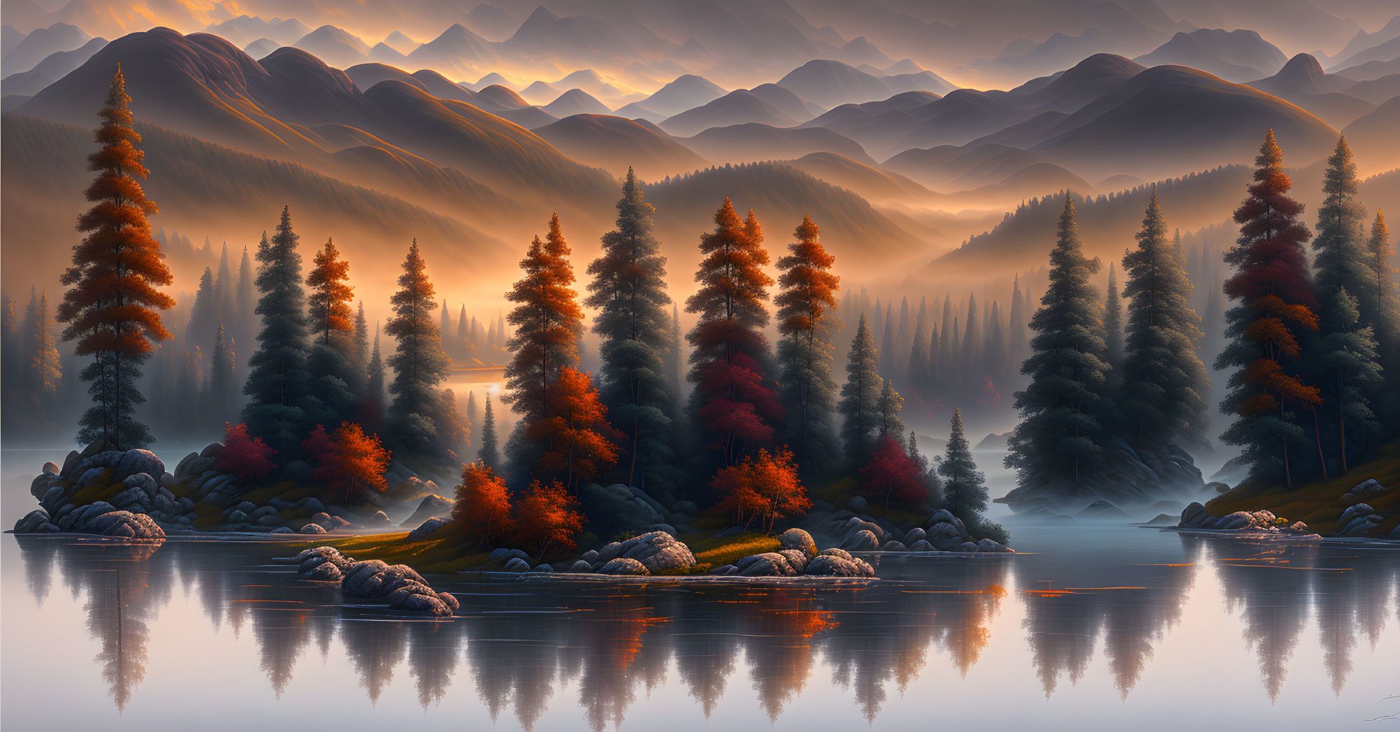 Misty Mountain Landscape with Autumn Trees and Lake at Sunrise