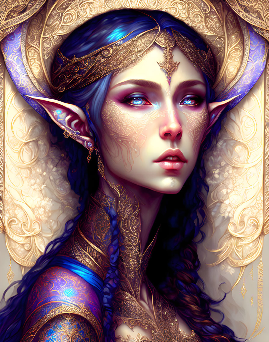 Blue-skinned elven woman with golden tattoos and ornate headdress