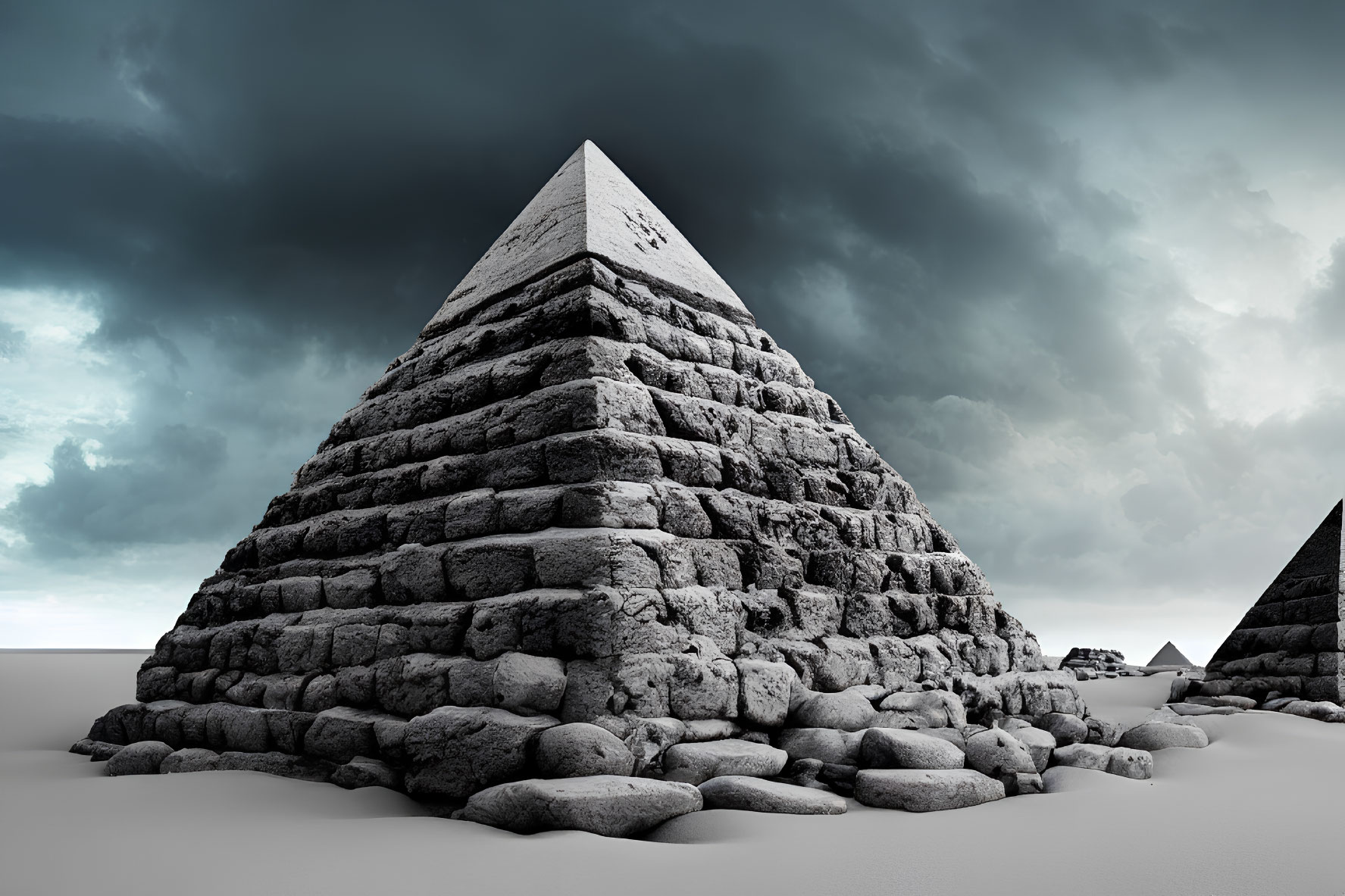 Ancient stone pyramid landscape with cloudy sky and sandy terrain