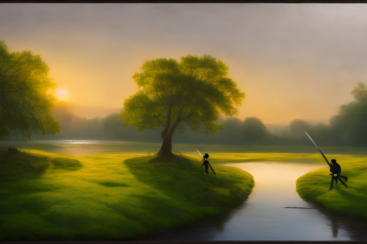 Silhouettes of swordsmen in sunrise duel by misty river