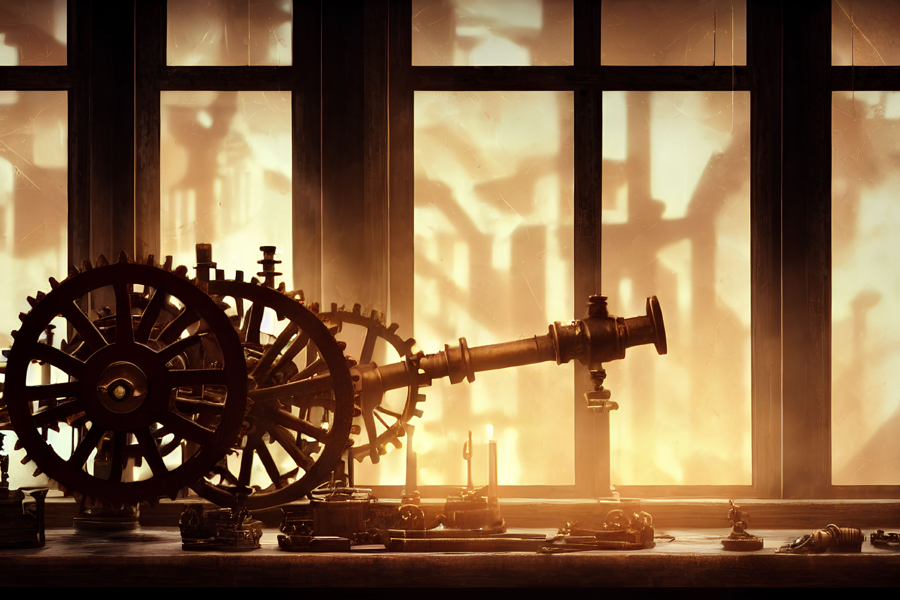 Vintage Machinery with Gears and Telescope on Wooden Table in Warm Backlight