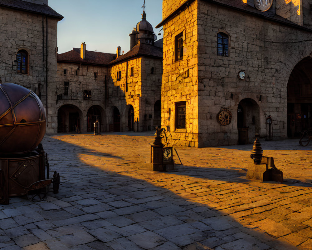 Medieval cobblestone square with spherical sculpture and art installations at sunset