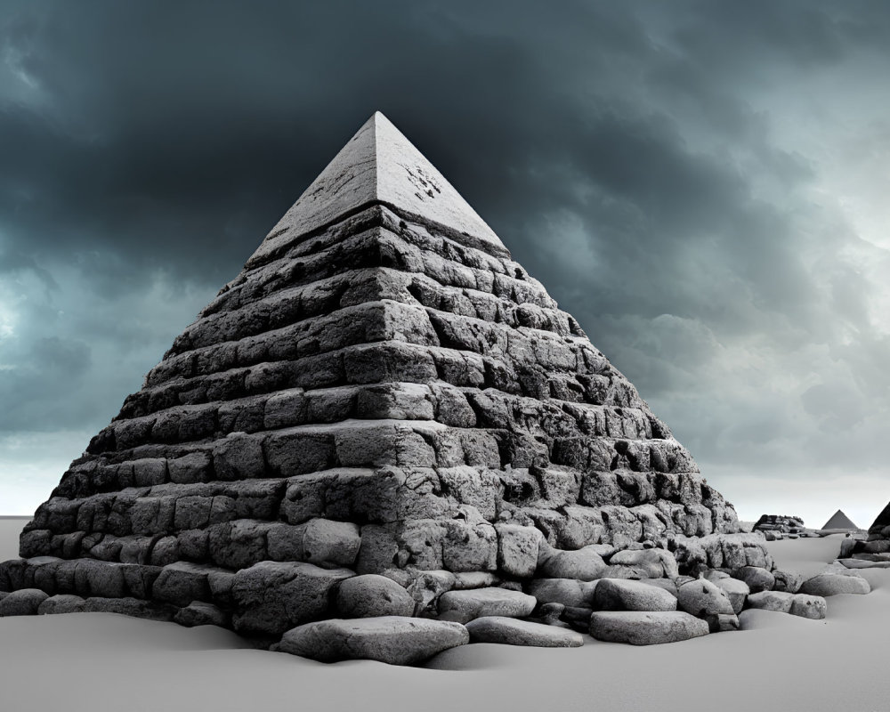Ancient stone pyramid landscape with cloudy sky and sandy terrain