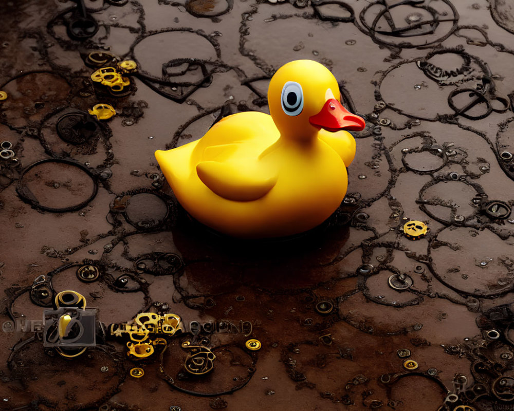 Yellow rubber duck surrounded by brass gears on wet surface