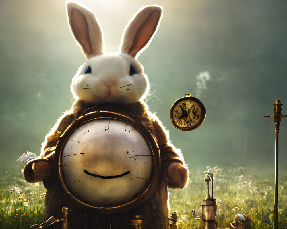 Anthropomorphic Rabbit with Clock Torso in Sunlit Field