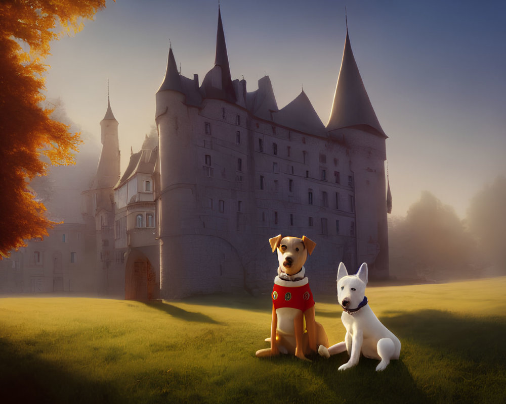 Yellow and white superhero dogs in misty field near fairytale castle at sunrise