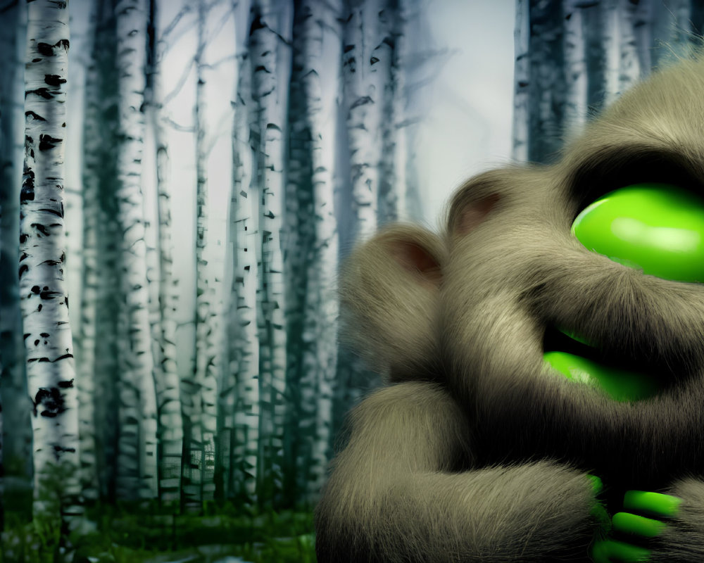 Mysterious furry creature with glowing green eyes in misty birch forest