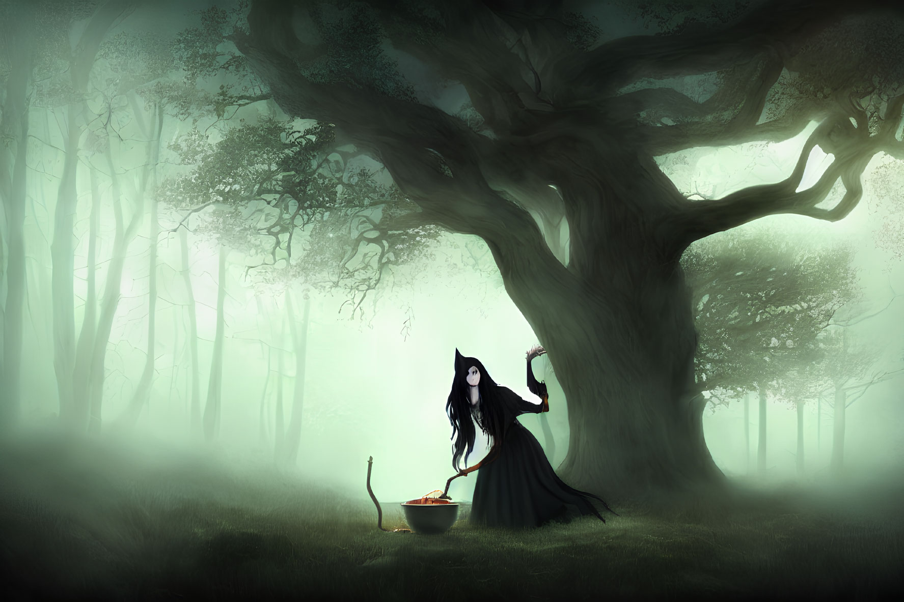 Mysterious Figure Stirring Cauldron in Ethereal Forest