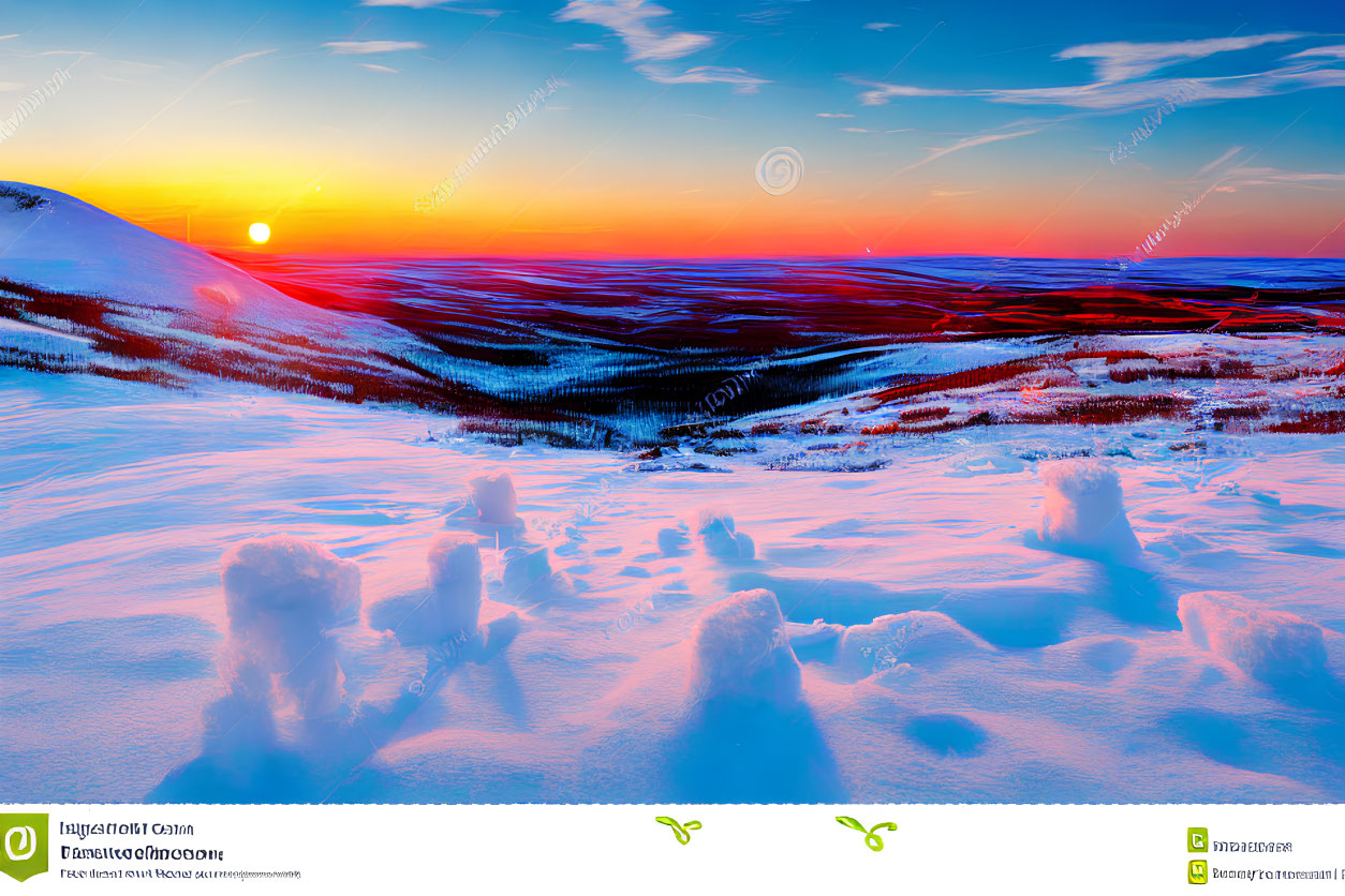 Snowy landscape with vibrant sunrise and gradient sky