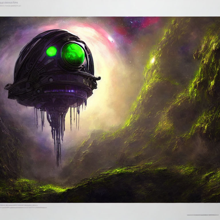 Futuristic floating orb with green eyes above lush alien landscape