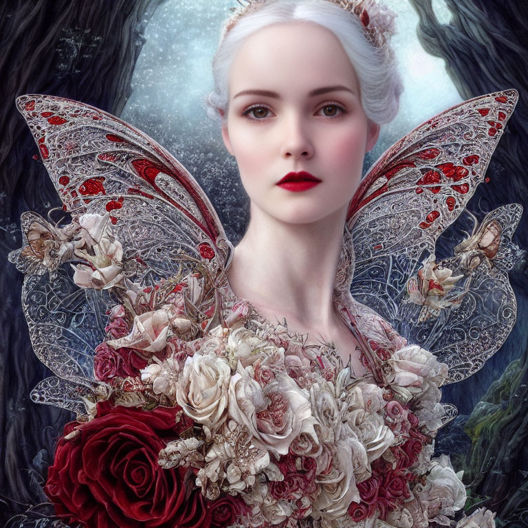 Fair-skinned woman in ornate floral gown with butterfly wings on mystical backdrop