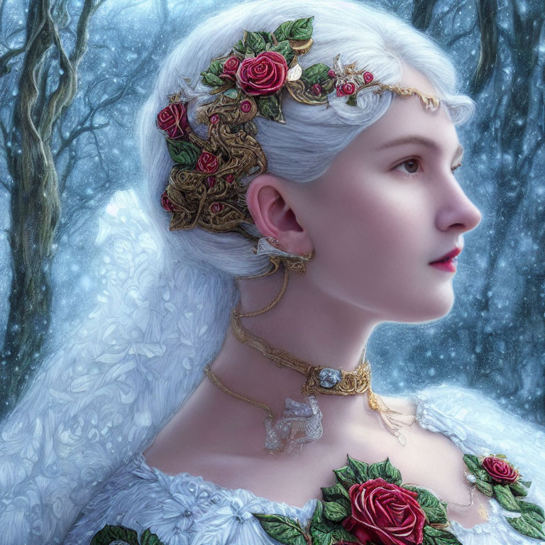 White-haired woman in floral dress with rose headpiece and gold choker on snowy background