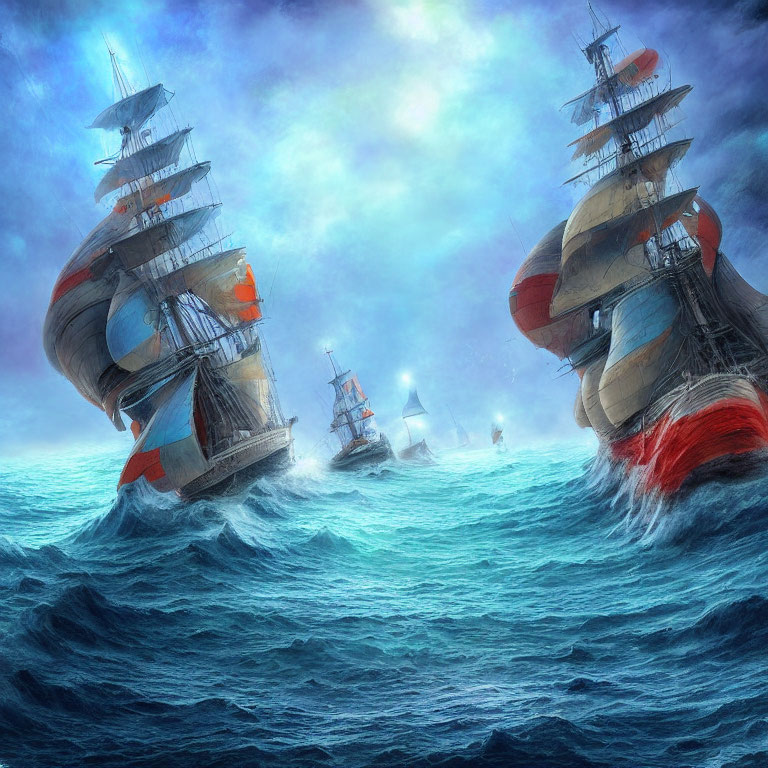 Historical maritime battle scene with tall ships and stormy skies