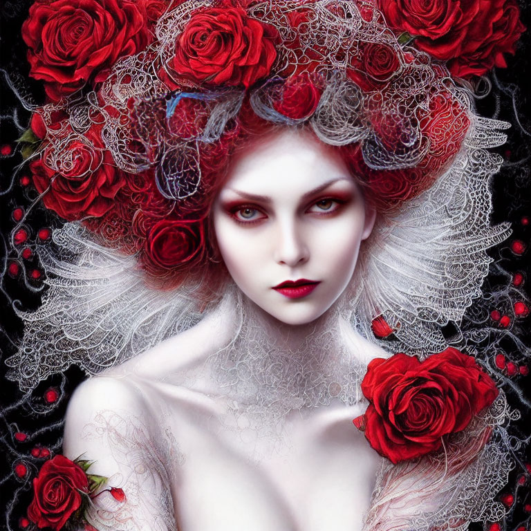 Pale Woman with Red Lips and Floral Headdress on Dark Background