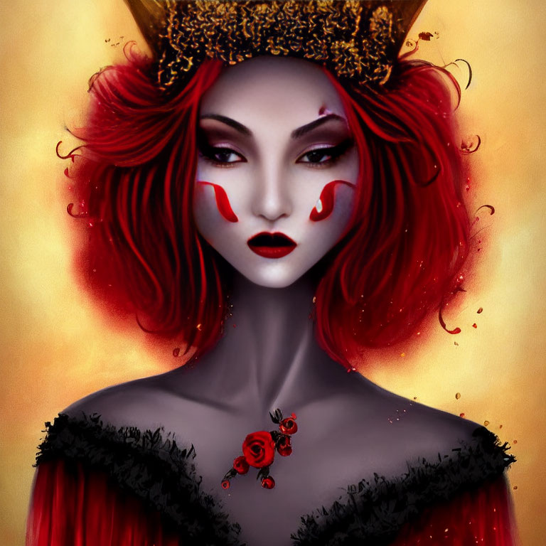 Vivid Red Hair Woman with Crown and Rose Details on Golden Background