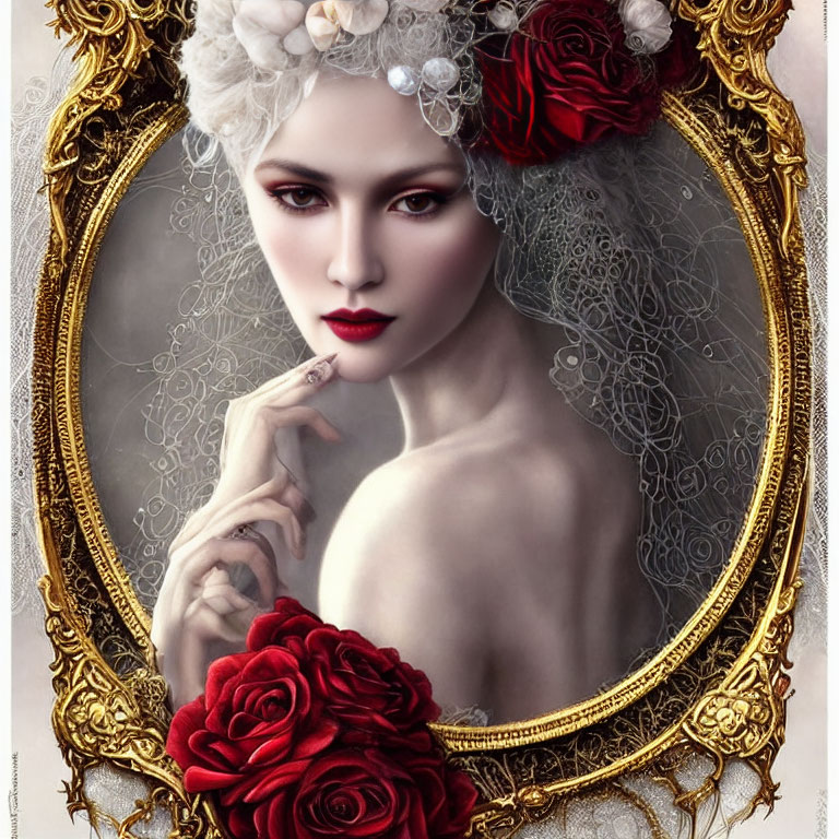 Illustrated portrait of pale-skinned woman with red lips, white hair, and floral adornments in