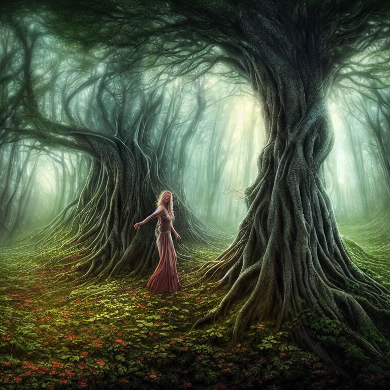 Hooded figure in misty forest with gnarled trees and red flowers