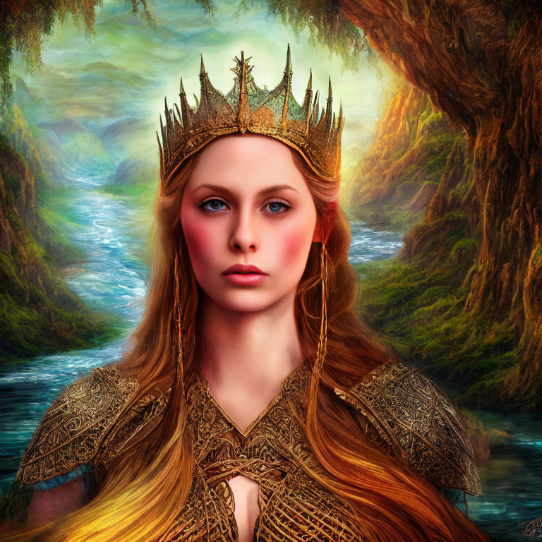 Blonde Woman in Golden Crown and Armor in Mystical Forest