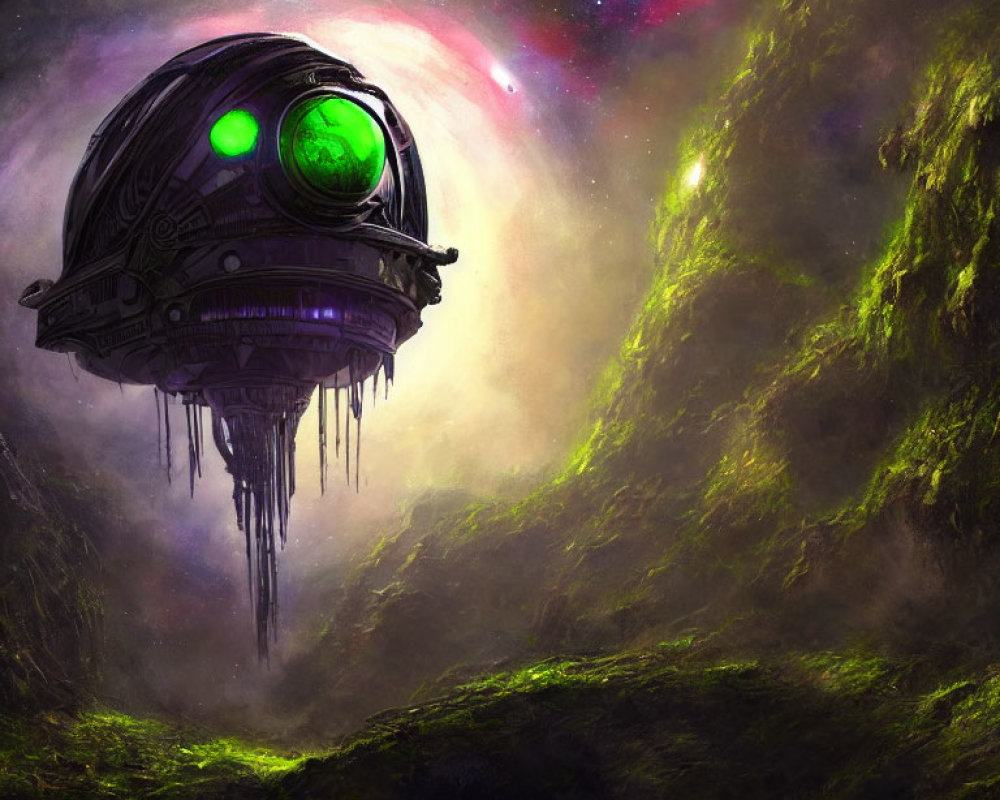 Futuristic floating orb with green eyes above lush alien landscape