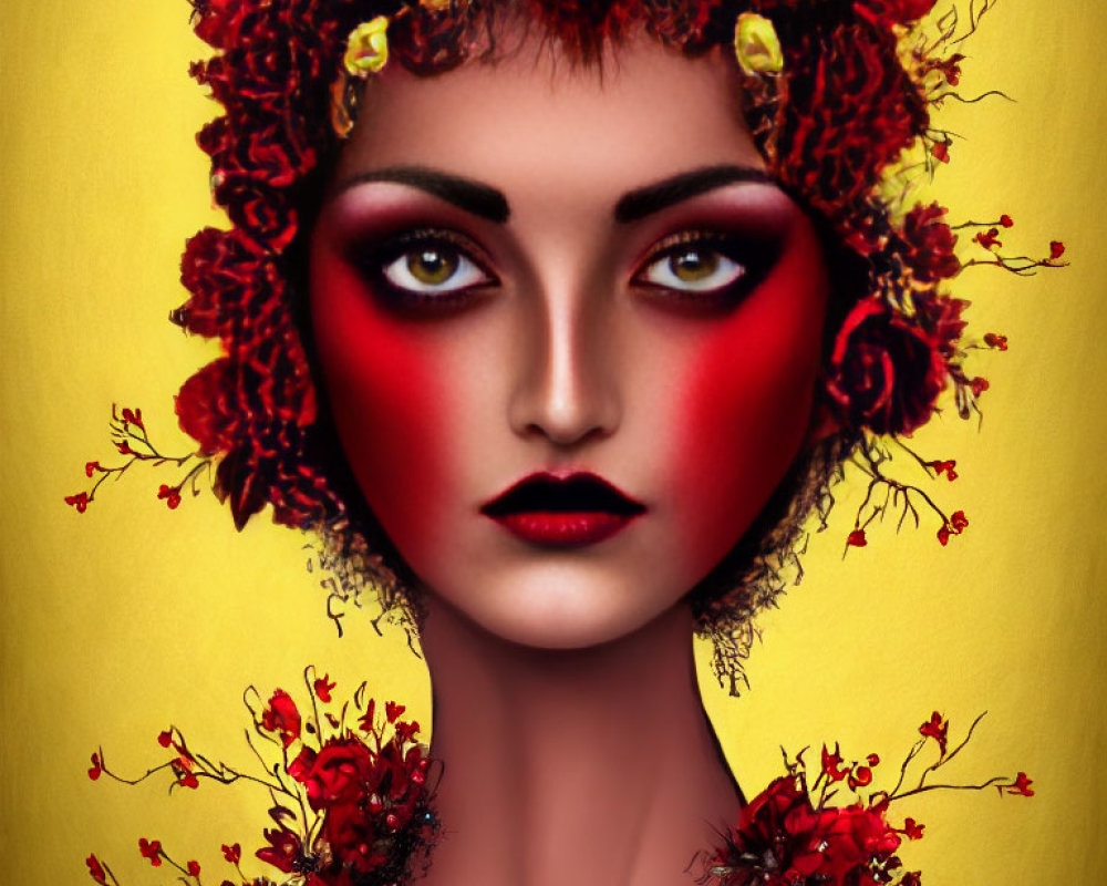 Portrait of woman with red eye makeup and floral adornments on yellow background