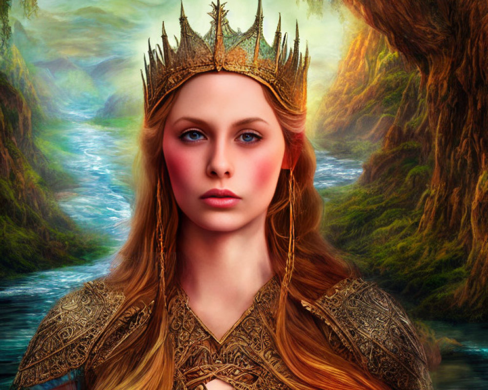 Blonde Woman in Golden Crown and Armor in Mystical Forest