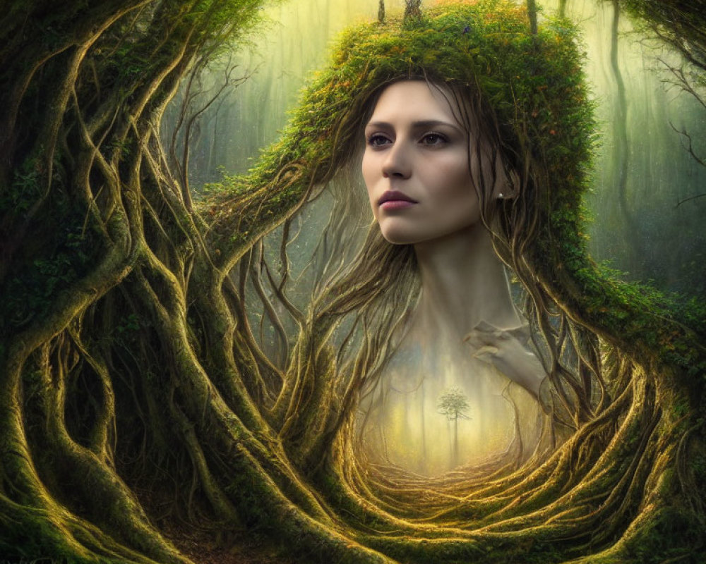 Surreal portrait blending woman's face with enchanted forest pathway