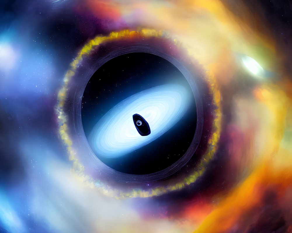 Black hole with accretion disk in colorful cosmic background.