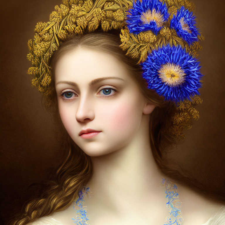 Portrait of young woman with golden leaf crown and blue flowers on brown background