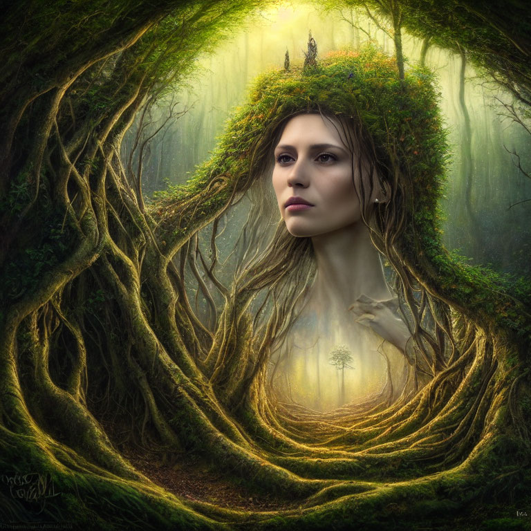 Surreal portrait blending woman's face with enchanted forest pathway