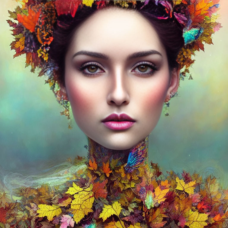 Colorful Autumn Leaf Themed Woman Portrait on Soft Green Background