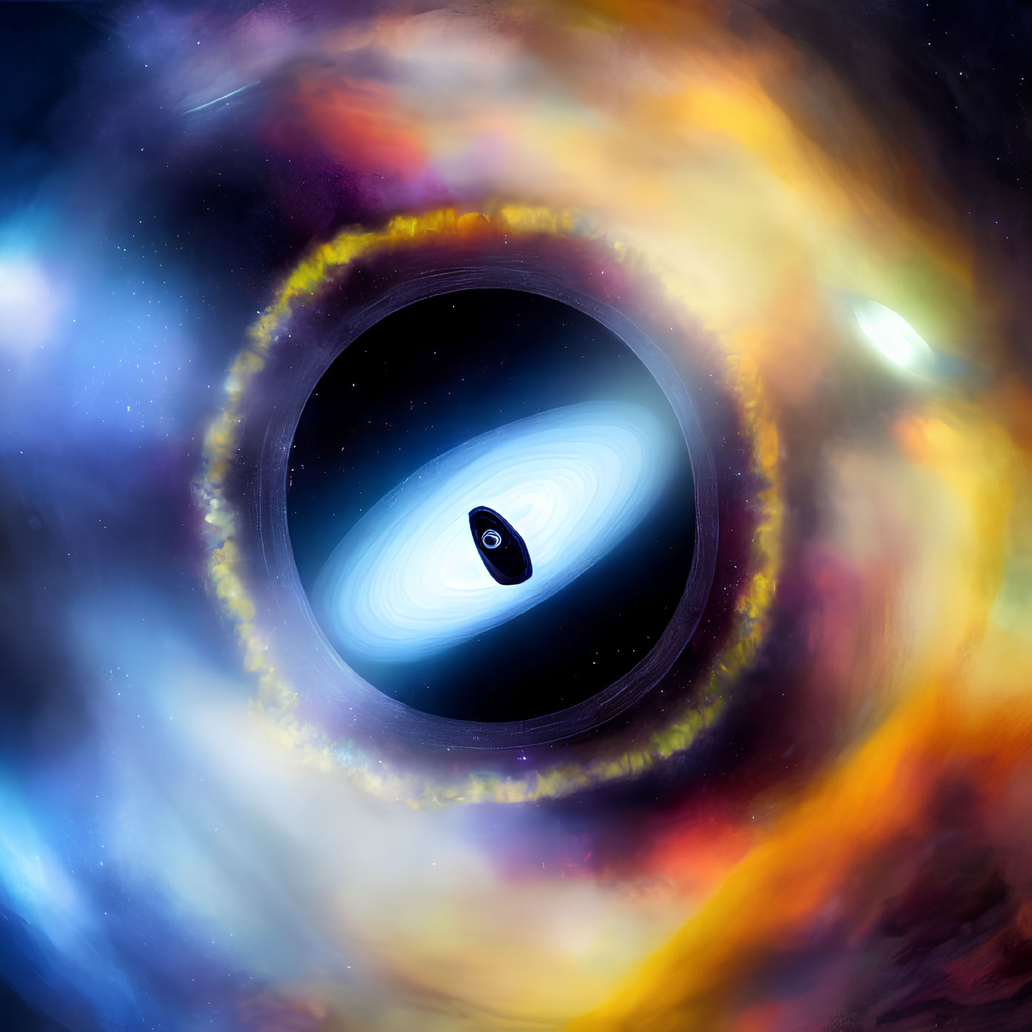 Black hole with accretion disk in colorful cosmic background.