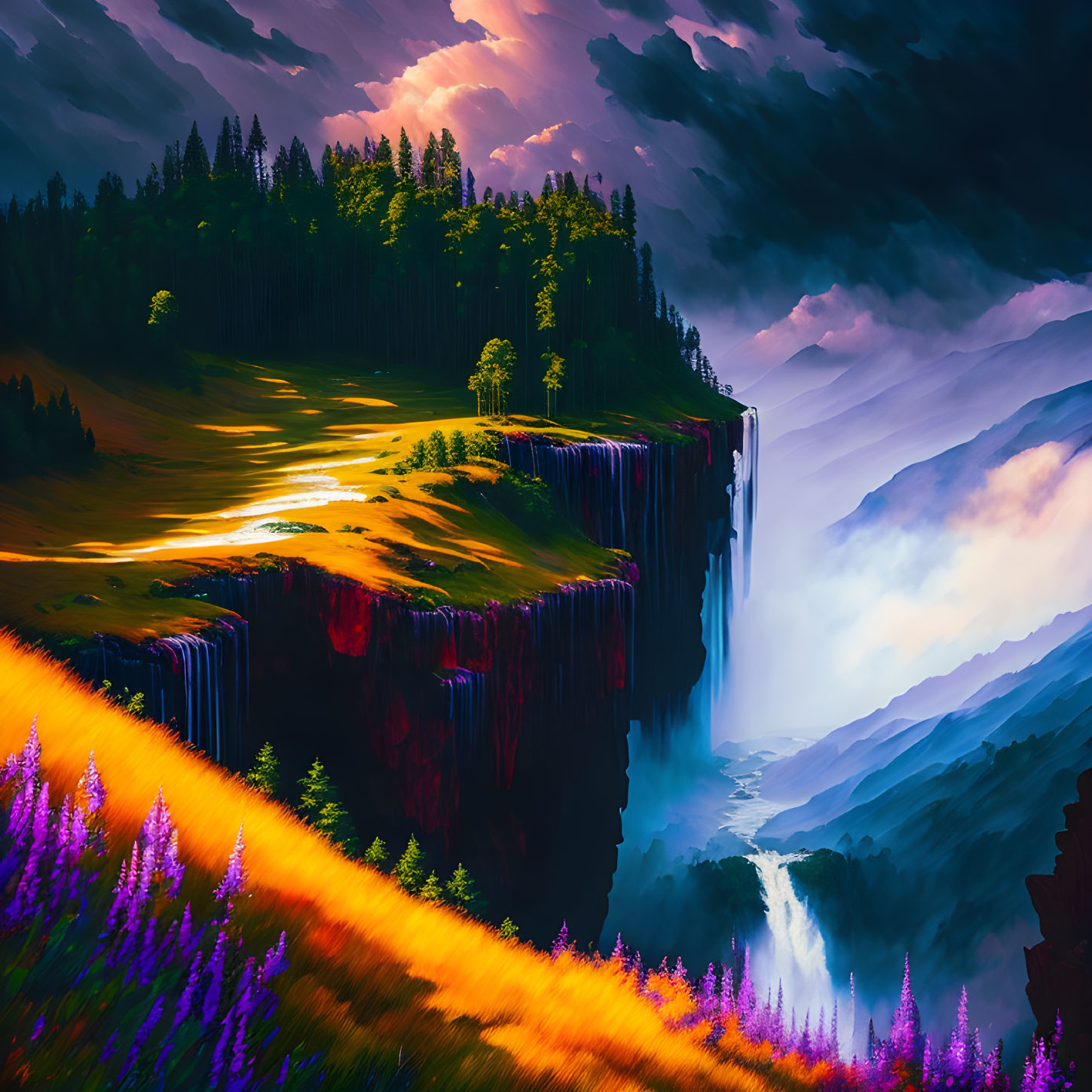 Digital Art: Cliff Waterfall with Mist, Forest, Light Beam, Purple Flowers
