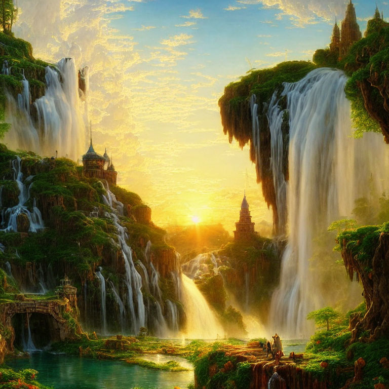 Sunrise landscape with bridge, waterfalls, greenery, and ancient structures