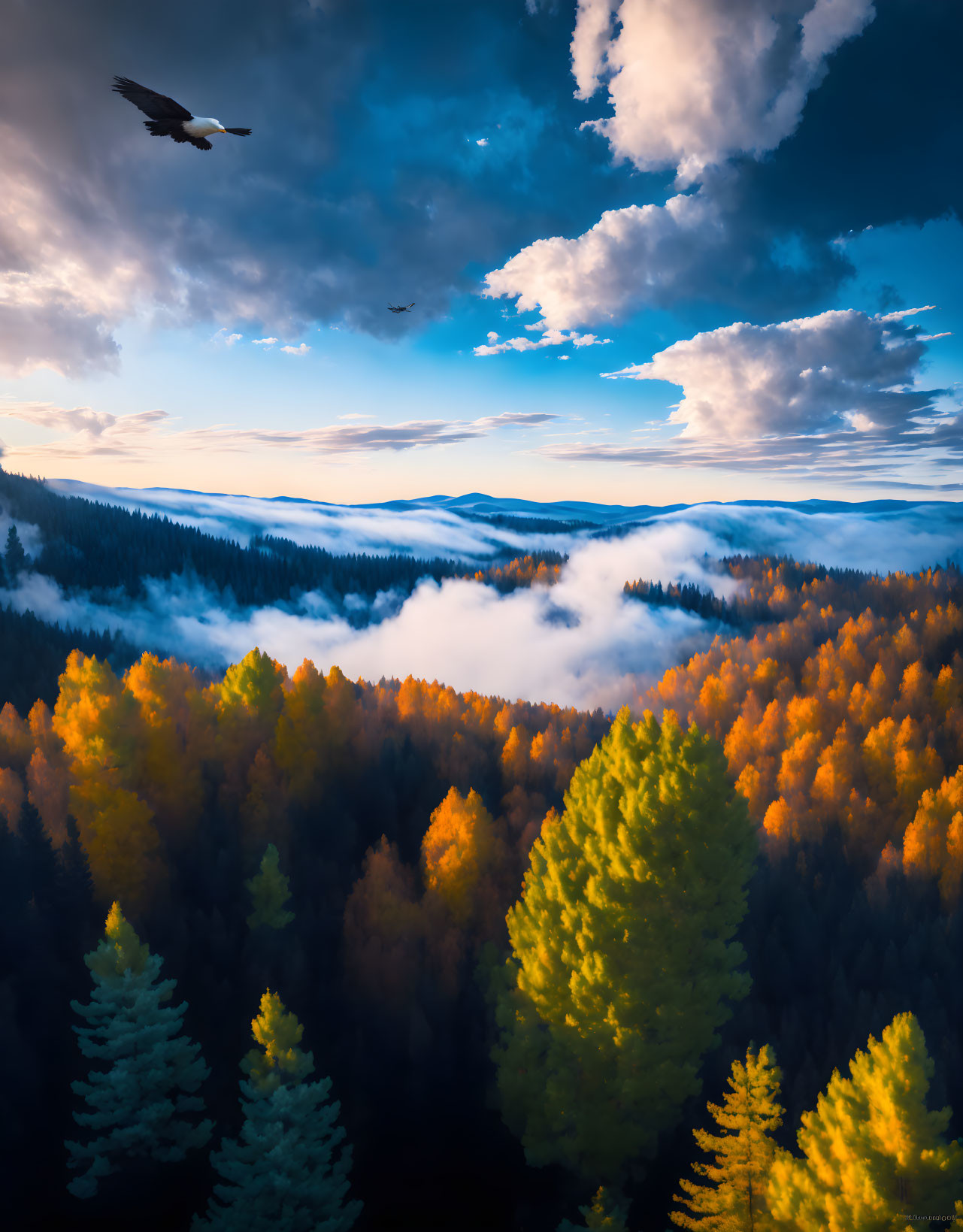 Misty forest at sunrise with autumn trees and bird in aerial view