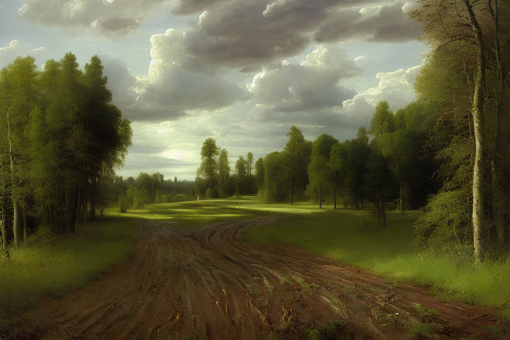 Tranquil landscape: winding dirt road in lush forest under dramatic sky