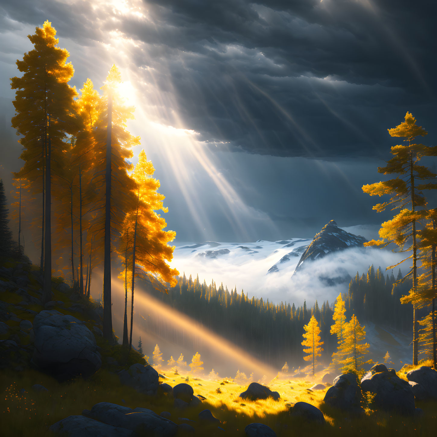 Sunbeams Illuminate Misty Forest with Snow-Capped Mountain