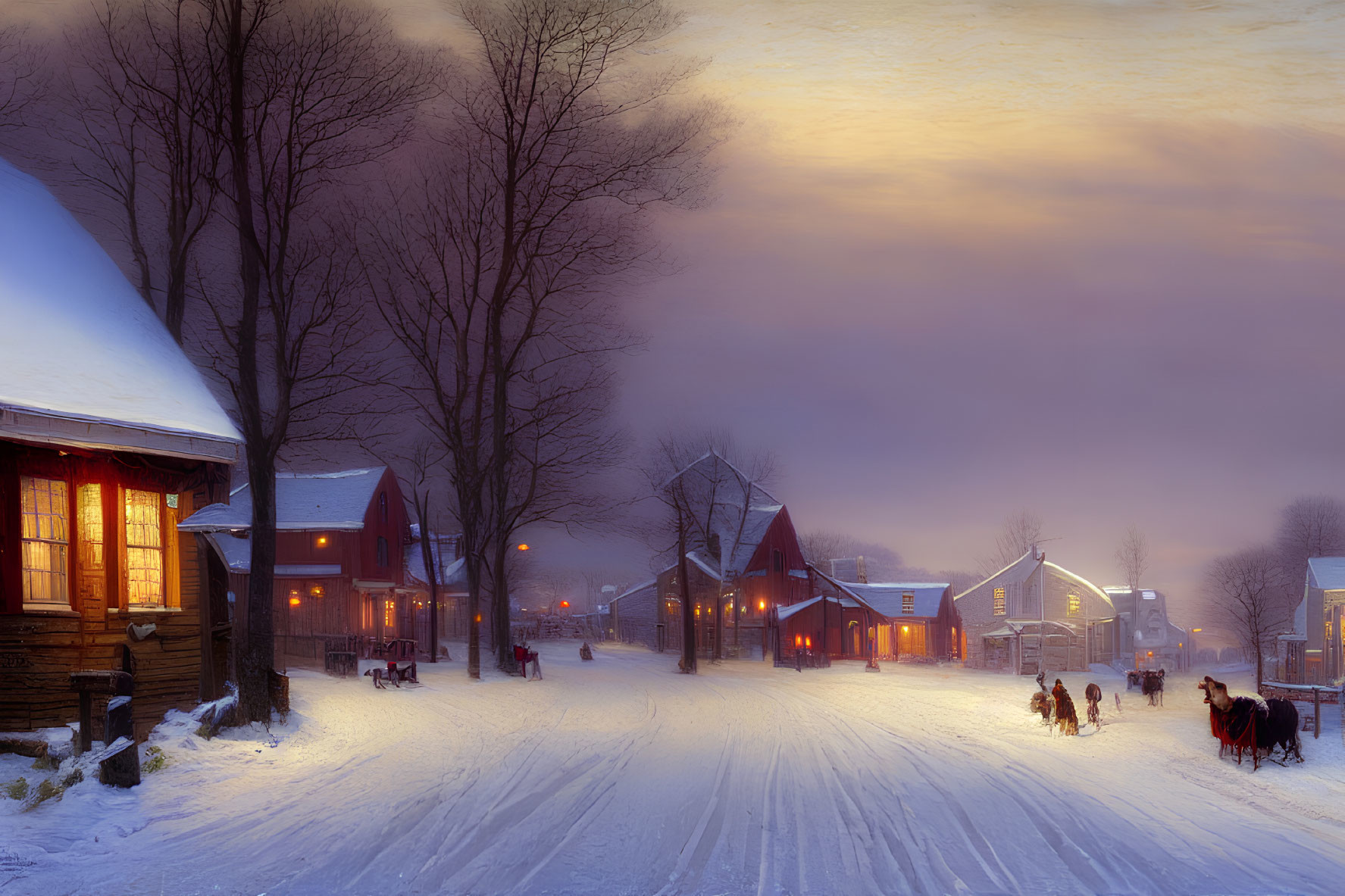 Snowy Twilight Scene: Traditional Houses, Glowing Lights, Sled Activity
