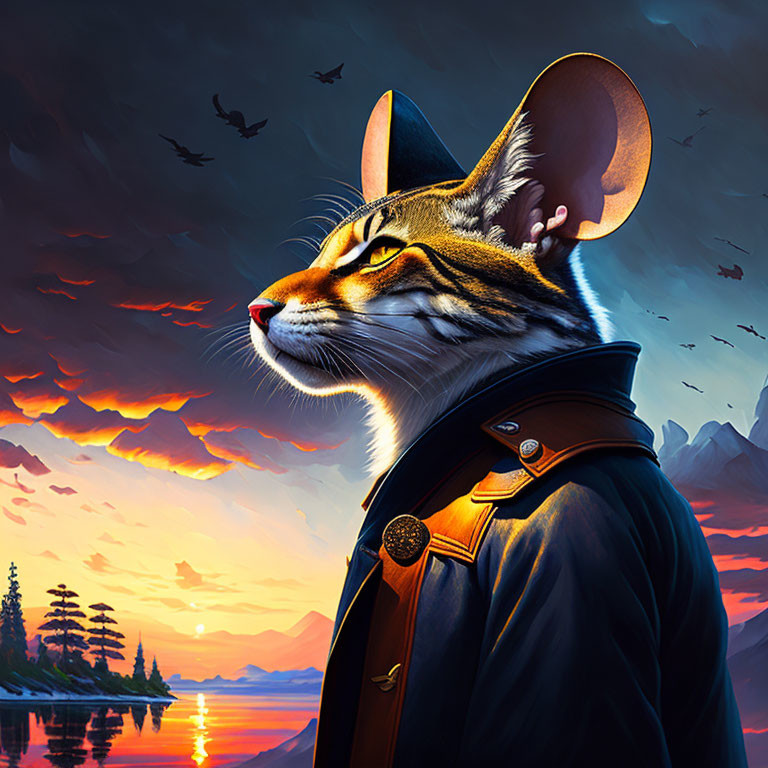 Illustrated Cat with Human-Like Features in Military-Style Coat Against Sunset Backdrop