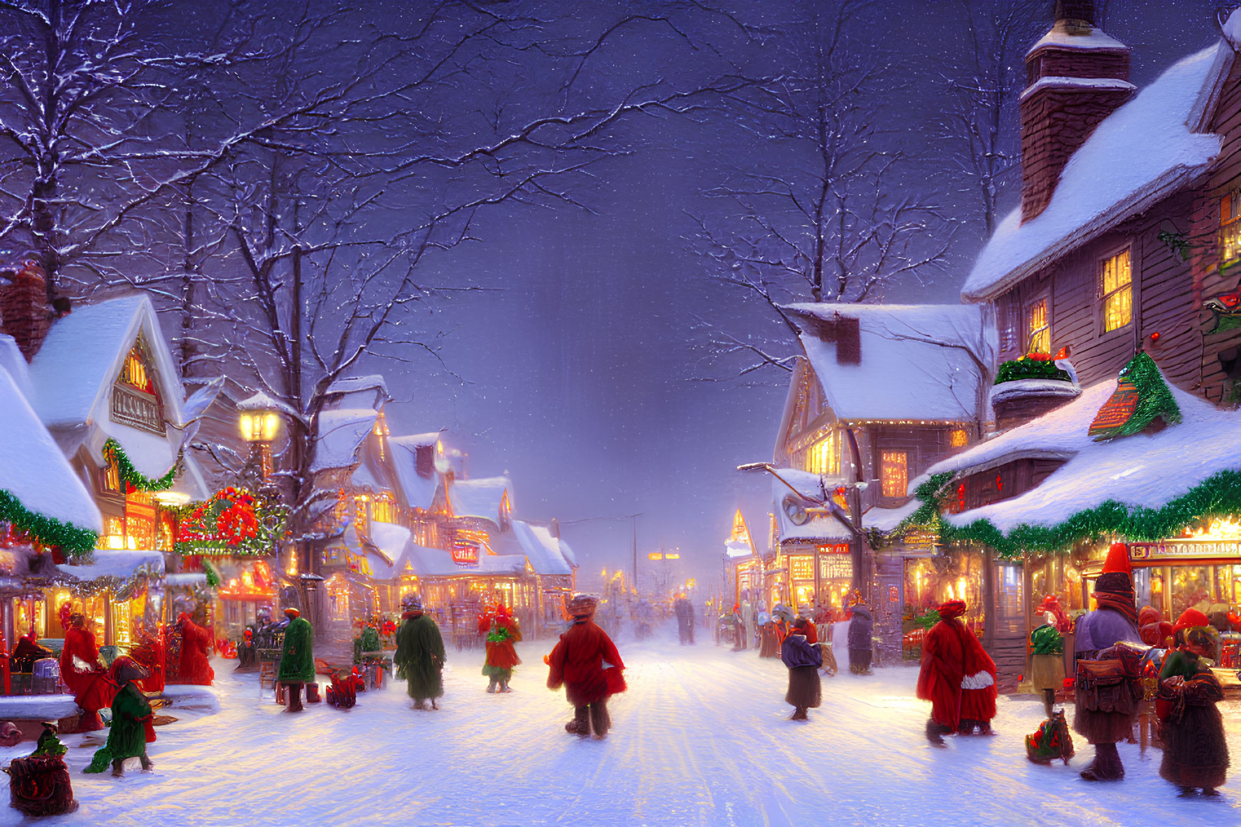 Snow-covered village street at twilight with festive holiday decorations and people in winter attire creating a warm Christmas atmosphere