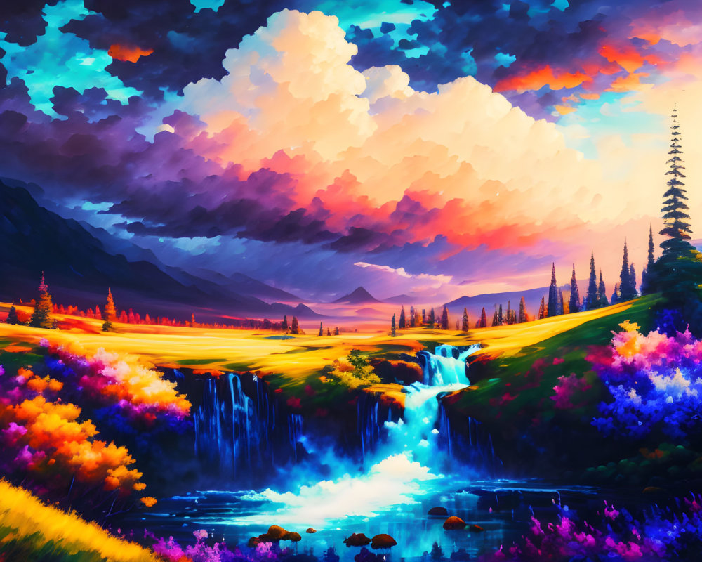 Colorful digital artwork: scenic landscape with waterfall, flora, dramatic sky at sunrise/sunset